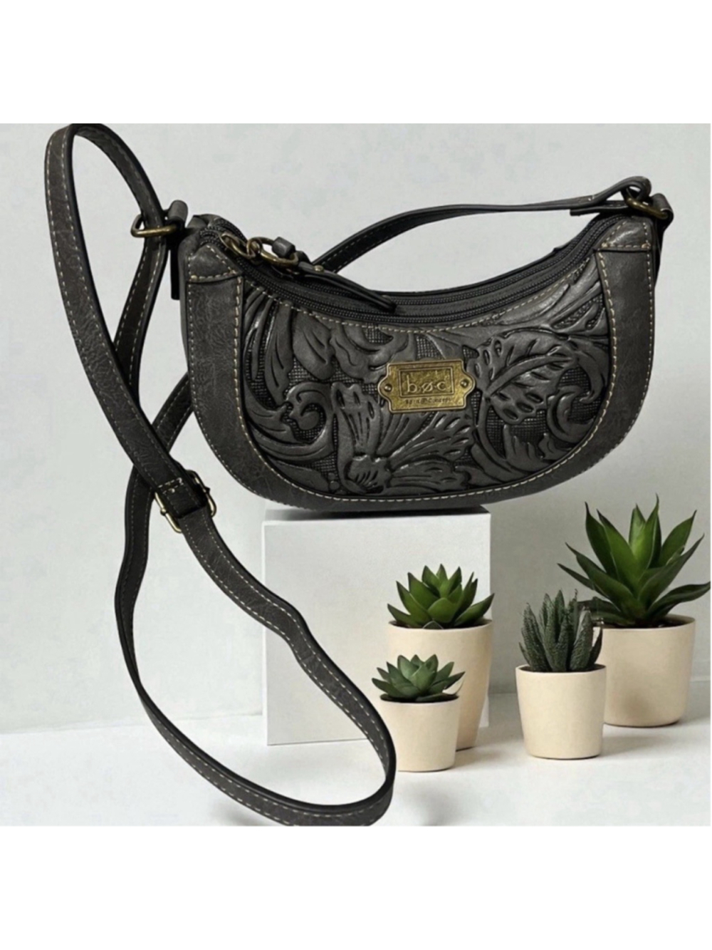 B.O.C. Crossbody Bag Charcoal Embossed Floral Adjustable Strap New